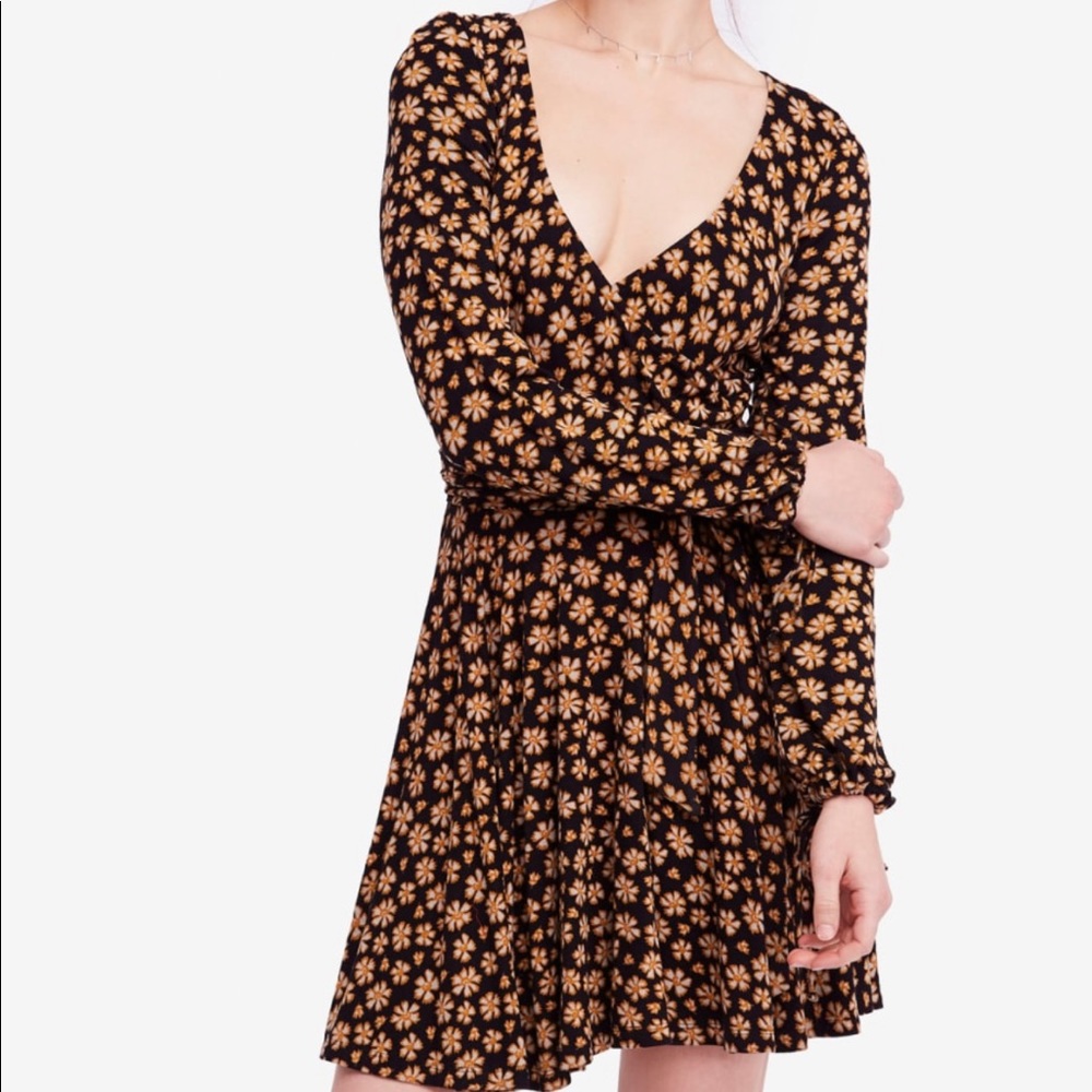Free People Black Mini Dress with Tan Floral Print